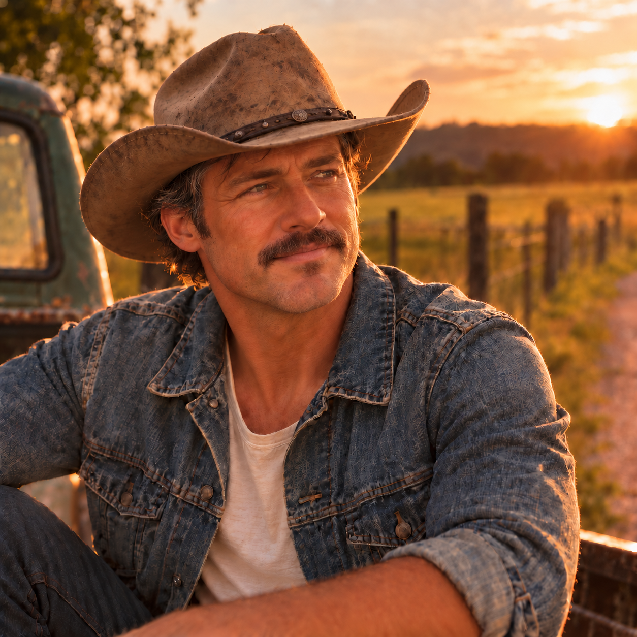 Cole Tenderman in a cowboy hat at sunset